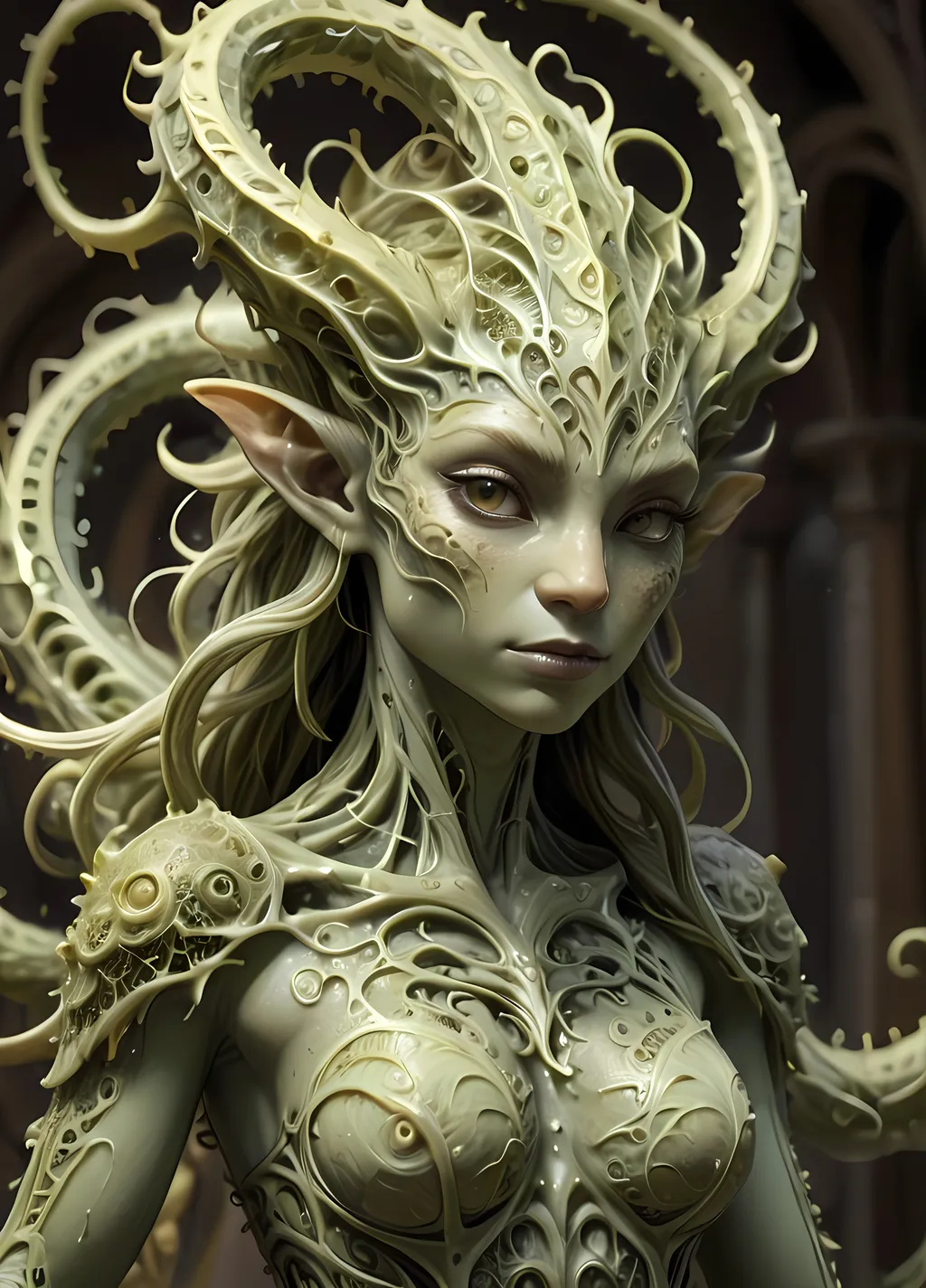 Prompt: close up dof render of a mythical creature made of detailed spiraling fractals and tendrils, detailed recursive skin texture