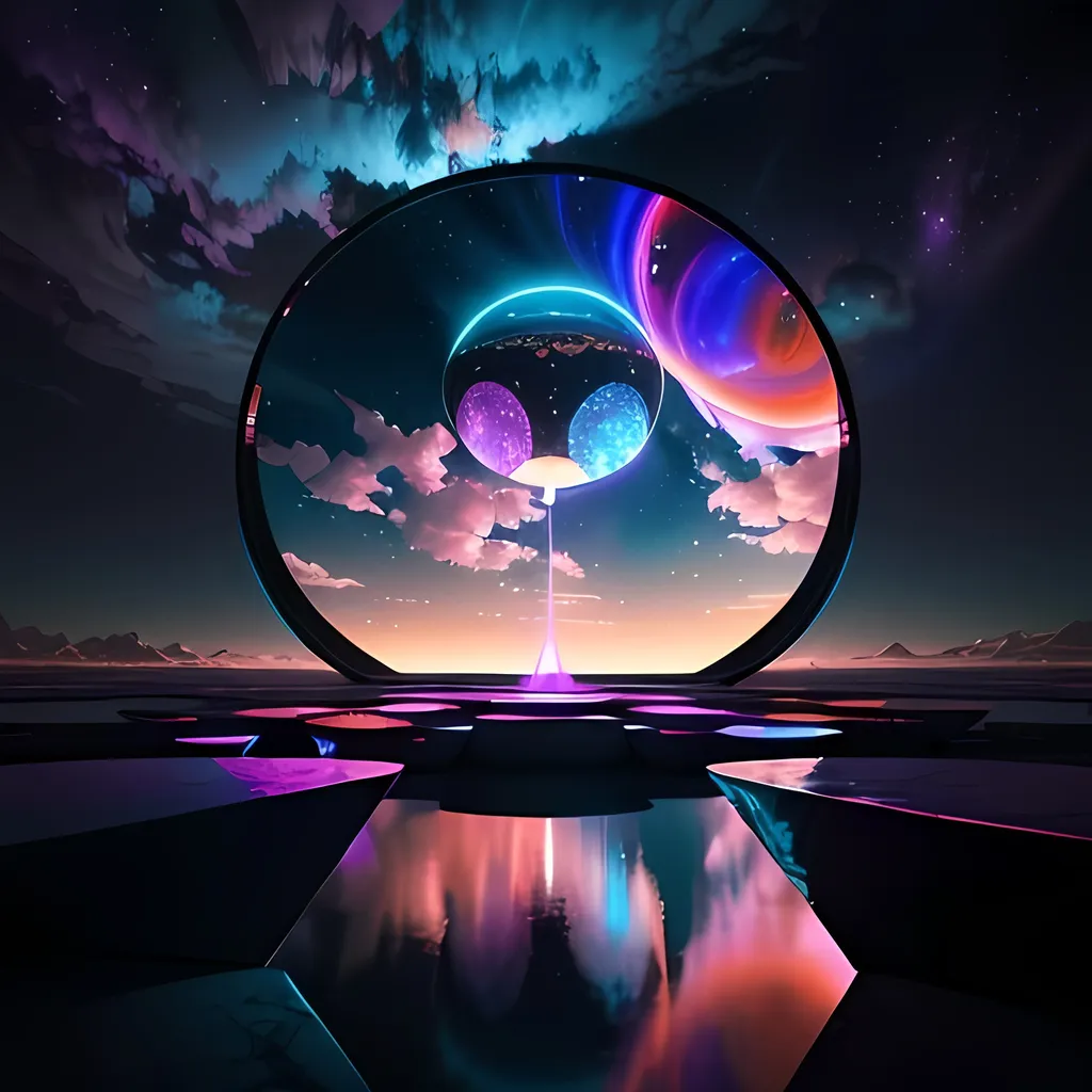 Prompt: A dazzling, otherworldly portal in the shape of a mirror reveals a galaxy of plush clouds and the distant red planet of Mars. The reflection shows a stunning array of colors - purple, white, pink, orange, and blue - mirrored in the waters of an ocean cascading down a majestic waterfall. Surrounded by shimmering neon LED lights, this surreal scene practically glows with an ethereal beauty. This intricate and vividly detailed painting transports viewers into a dreamlike realm of cosmic wonder.