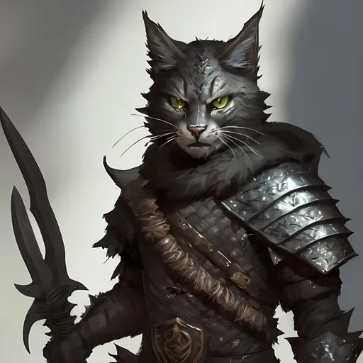 Prompt: Male tabaxi DnD rogue in black armor, dual-wielding daggers, intense fighting pose, detailed fur with cool reflections, highres, ultra-detailed, fantasy, action, black armor, intense, detailed eyes, sleek design, professional, dramatic lighting