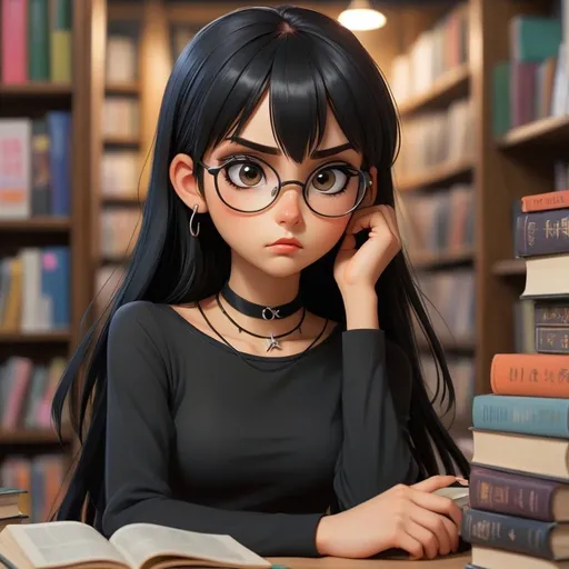 Prompt: A girl with long black hair, straight bangs, and glasses, sitting in a bookshop, Cute anime black hair, thick eyebrows, eyeliner, hoop earrings, light brown eyes, cute expression, tan skin, soft facial features, highres, beautiful, gothic clothing, fishnet, silver spikey choker collar, anime, detailed eyes, professional, colorful atmospheric lighting, dark tones, intense gaze, moody, cute, professional. Black clothing. 