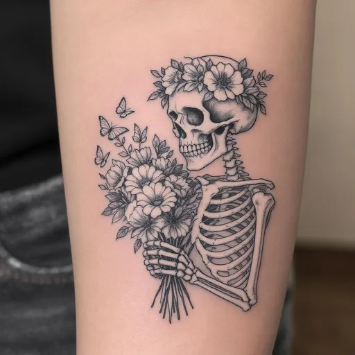 Prompt: Make me a tattoo idea that is microrealistic.  I want it to be a skeleton with a flower crown and holding a bouquet of flowers with butterflies. Please make the picture in black and white.  The skeleton will be tiltiing its head towards the bouquet of flowers.