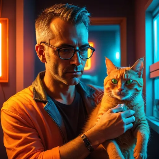 Prompt: Hot clean shaven dilf with glasses petting an orange cat in an apartment with neon light outside. Cyberpunk look.