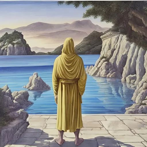 Prompt: Rhodos painting at day , a tempel and water, a man standing in a white hoodie. He is standing in the middle but but is looking at it. But the man is standing at the begin of the picture, like he looks big 