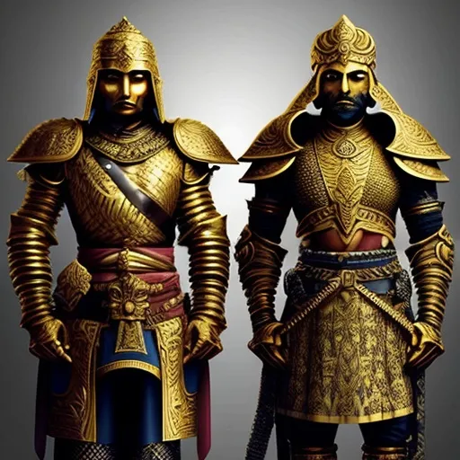 Prompt: Elite warriors of the Sarvakh Empire, armed with ornate swords and clad in golden armor. They serve as the personal guard of the empire's leaders.