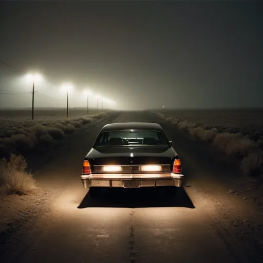 Prompt: Moody Todd Hido Landscape with an empty car being shown from behind with no one and the lights on and the drivers door open  the middle ground 