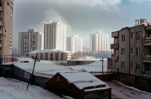 Prompt: snowing in a russian post communism city street with tall buildings, foggy, matte, sadness, windy, soviet brutalism, grayish or blueish tones
