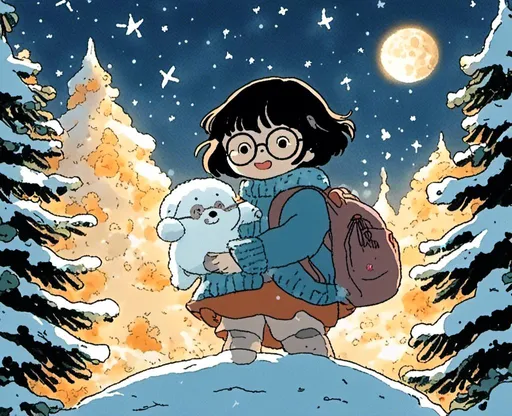 Prompt: <mymodel> a young little girl with bangs short black hair, a white fluffy toy poodle that is wearing glasses. sparkles on the sky and all looking at the moon around a pine tree forest