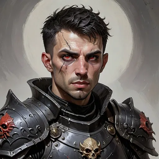 Prompt:  A pale dhampir in black plate armor with stubble on his face, Scar going across the top right side of his mouth down to the left side of his chin, with a beholder crest on the chest piece of the armor, he has red iris, Black short hair