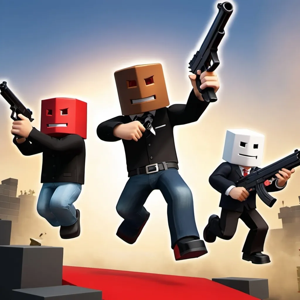 Prompt: Roblox characters holding guns and jumping