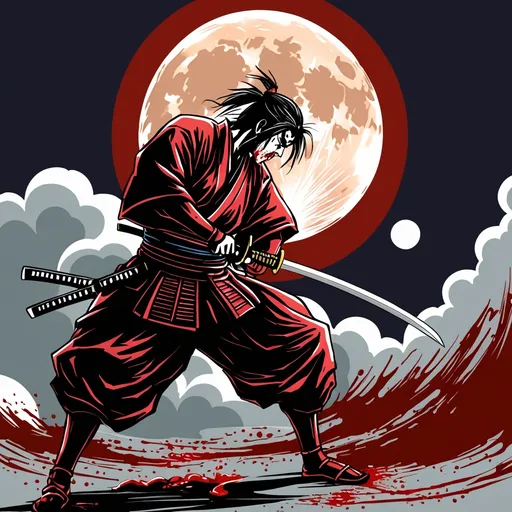 Prompt: A samurai slicing the moon with a katana and moon is oozing out blood