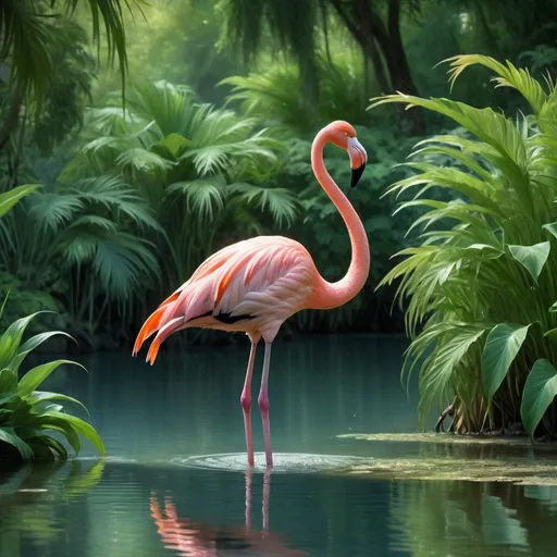 Prompt: the flamingo must be on water, get the flamingo further out into the water, make the flamingo look straighter and add more greenery to the background. make the flamingo further from the camera, and add more animals to the background

