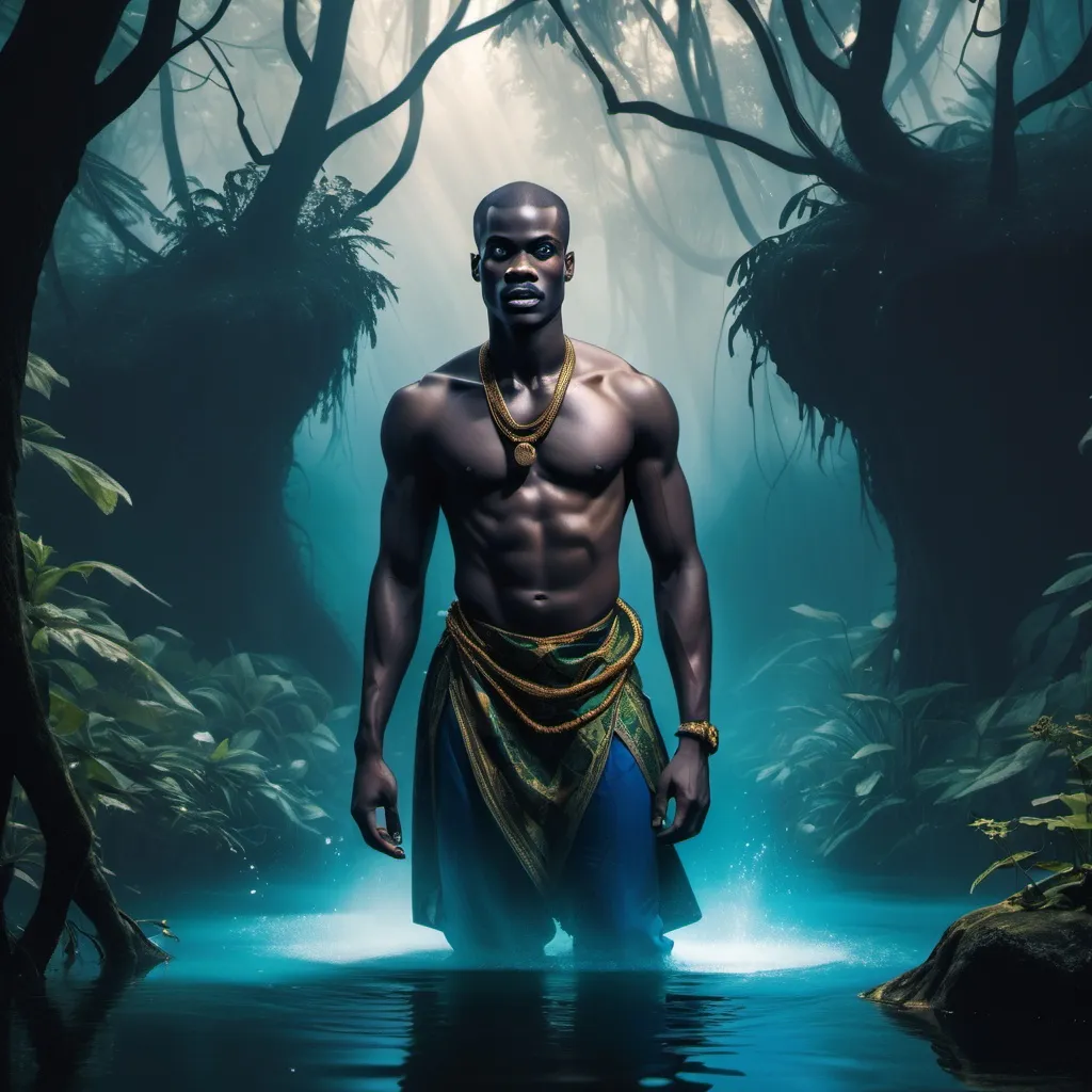 Prompt: The Vanishing Prince:** Describe the moment when the dark prince is swallowed by the enchanted river, with shadows and mist swirling around him as he struggles to escape Nigerian males with Igbo mark