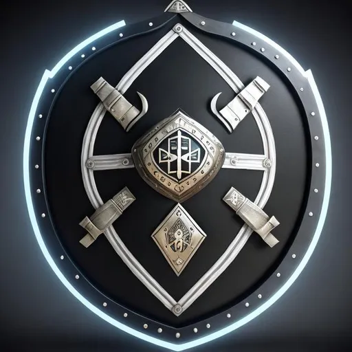 Prompt: Futuristic high tech shield with two crossed viking axes behind