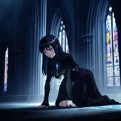 Prompt: Gothic church in darkness, beautiful girl with dark hair and blue eyes, praying on her knees beneath a crucifix of light, fantasy style, mystical atmosphere, high quality, fantasy, gothic, dark tones, detailed hair, blue eyes, dramatic lighting, mystical, anime, beatiful hands, beautiful face