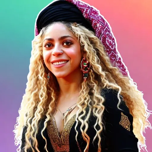 Prompt: Shakira with black hair and doja cat with hejab behind her 