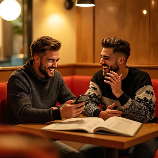 Prompt: In a cozy indoor setting adorned with modern lighting, two young men sit at a table in a restaurant, creating a relaxed and conversational atmosphere. One, with a joyful smile, is engrossed in his smartphone, likely sharing something amusing with the other, whose laughter echoes in the convivial space. The second individual sports a neatly trimmed beard and wears a stylish black and white sweater, animatedly gesturing as he engages in the discussion. The scene is framed with vivid red chairs and warm wooden accents, which contribute to a casual dining experience, while a menu lies on the table, hinting at the shared moments over food to come. The lighting is soft and inviting, enhancing the mood of camaraderie and ease among friends.