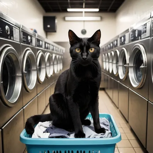 Prompt: black cat, coin laundry
