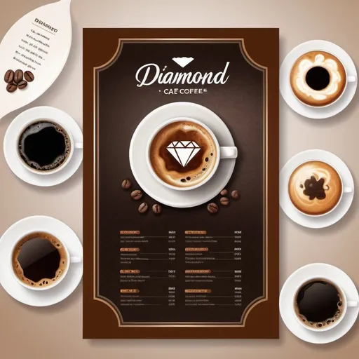 Prompt: (accompanied text "Diamond Cafe and Coffee"), (graphic menu list), elegant design, warm color palette, inviting atmosphere, delicious meals displayed, appetizing food illustrations, cozy background setting, modern typography, appealing layout, beautiful illustrations of various dishes, high-quality presentation, mouthwatering visuals, professional and welcoming ambiance, and artistic elements that evoke comfort.