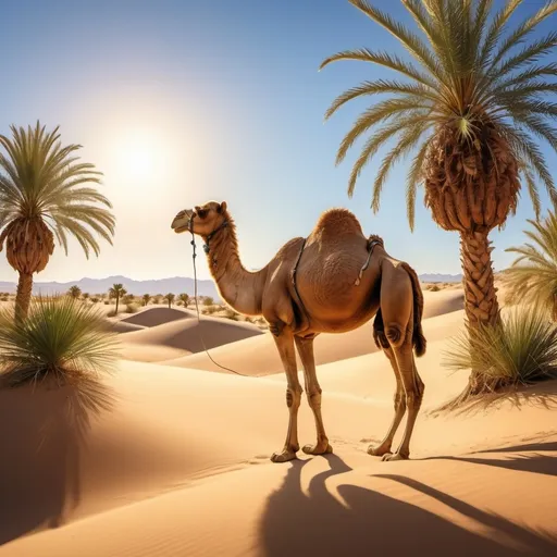 Prompt: (Camel under palm tree), enchanting desert landscape, vibrant warm tones, golden sands, clear blue sky, setting sun casting long shadows, tranquil and serene atmosphere, gentle desert breeze, scattered dunes in the background, ultra-detailed, 4K quality, high definition, dreamy and whimsical mood, intricate palm leaf details, regional flora, radiant lighting, immersive environment.