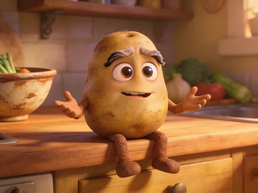 Prompt: Pixar-style 3D render of a baradho (potato) sitting on a wooden kitchen counter.
Eyes: big, shiny, slightly worried but wise
Eyebrows: thick, curved, expressive like an elder giving advice
Mouth: half-smile, half-serious, mid-lecture
Arms: short, earthy arms gesturing confidently
Scene: cozy Pixar-style kitchen, warm golden light, soft shadows, rustic bowl and vegetables in the background