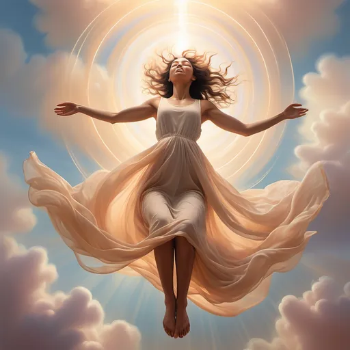 Prompt: (floating feelings), ethereal presence, someone levitating gracefully, surrounded by shimmering light, soft warm hues blending together, dreamy atmosphere, surrounded by clouds, infused with a sense of serenity and tranquility, high-detail image showcasing captivating expressions of joy and freedom, floating effortlessly in a gentle embrace of peace, ultra-detailed, fluid motion capturing the essence of levitation.