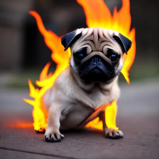Prompt: pug on fire
cute with a tail
