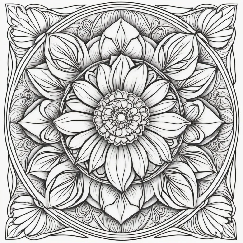 Prompt: coloring book pages, mandella, flowers, intricate
