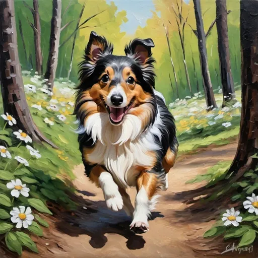 Prompt: thick impasto oil painting of a sheltie running in the woods with flowers around
