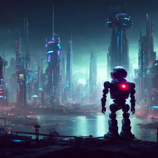 Prompt: A small robot standing on top of a sky scaper looking down at a massive futuristic dystopian city on a rainy night. The city is dimly lit by mostly neon lights that reflect off the water. The moon is red and can be slightly seen through the clouds in the night sky. There are no other signs of life. The horse is standing where where the whole city can be seen. The city contains many sky scapers and tall buildings near the middle but gradually gets smaller towards the outskirts.