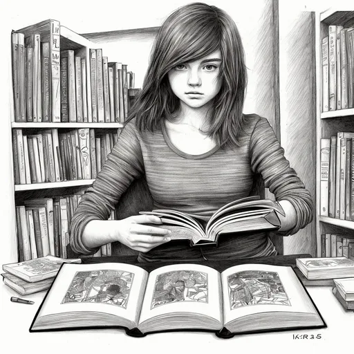 Prompt: adolescente de pelo cafe, largo medio en una biblioteca, viendo un libro con mucho interes