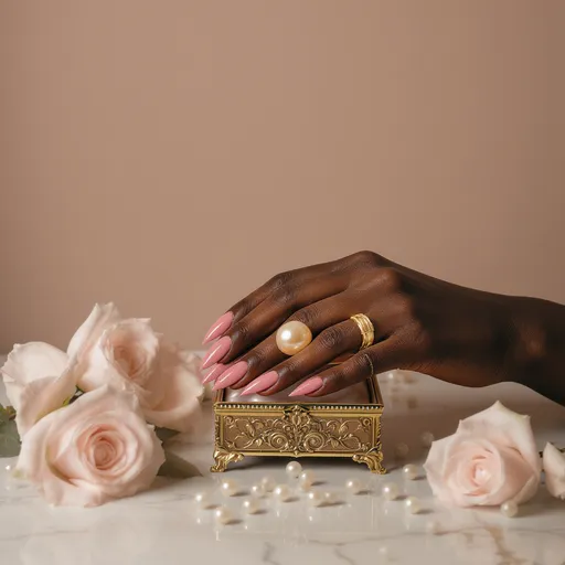 Prompt: 	Ultra realistic brown-skinned Black woman's hand, with almond-shaped pink nails and minimalist gold rings, gently holding a glowing pearl inside an ornate vintage gold jewelry box. The hand is elegant, feminine, and central in the composition. Surrounding the box are minimal soft blush roses and scattered pearls on a clean, marble tabletop. The background is minimal in warm taupe or blush with soft lighting and gentle gold reflections. Plenty of blank space above the hand for scripture text. Style is luxurious, feminine, faith-inspired, and perfect for Christian wall art --ar 3:4 --v6 --style raw
