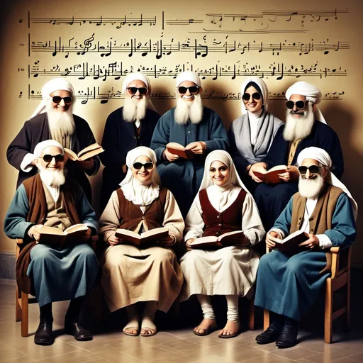 Prompt: Creat a picture of a group of old mathematicians including gauss euler khayyam hilbert maryam mirakhani and  sitting in chair together and listening to music on their headphones woth very classic background and their traditional clothes and have books in their hand with a board full of math formula on the wall and euler has sun glasses an some of them smile and take action of listening to music