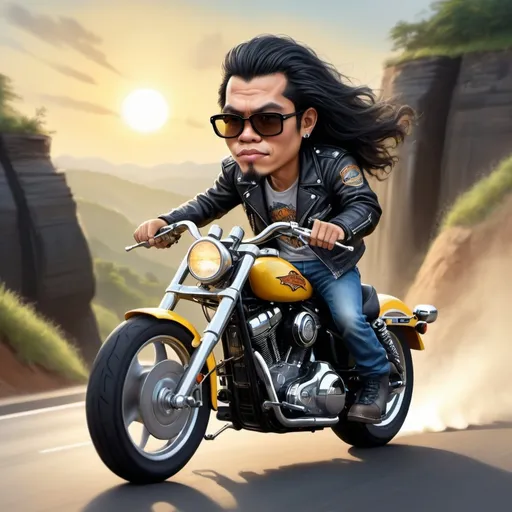 Prompt: Realistic 4d Caricature of indonesian with full body, big head, 20yo,long hair slightly curly in the wind, biker jacket,blue jeans,coboy boots, serious expression,looking away, riding a black yellow harley davidson, sun effect, speed effect, exhaust fumes, hill background, winding road uphill, cars,writing *PERNAH GANTENG* on Cliff,detailed, focus, 8k uhd