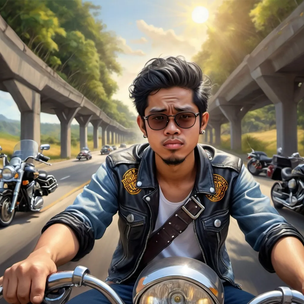 Prompt: Realistic 4d Caricature of indonesian with full body, big head, 20yo,long hair slightly curly in the wind, biker jacket,blue jeans,coboy boots, serious expression,looking away, riding a black yellow harley davidson, sun effect, speed effect, exhaust fumes, hill background, winding road uphill, cars,writing *PERNAH GANTENG* on Cliff,detailed, focus, 8k uhd