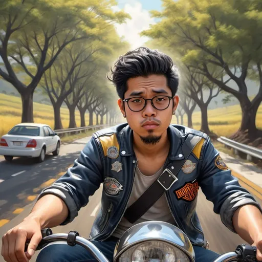 Prompt: Realistic 4d Caricature of indonesian with full body, big head, 20yo,long hair slightly curly in the wind, biker jacket,blue jeans,coboy boots, serious expression,looking away, riding a black yellow harley davidson, sun effect, speed effect, exhaust fumes, hill background, winding road uphill, cars,writing *PERNAH GANTENG* on Cliff,detailed, focus, 8k uhd