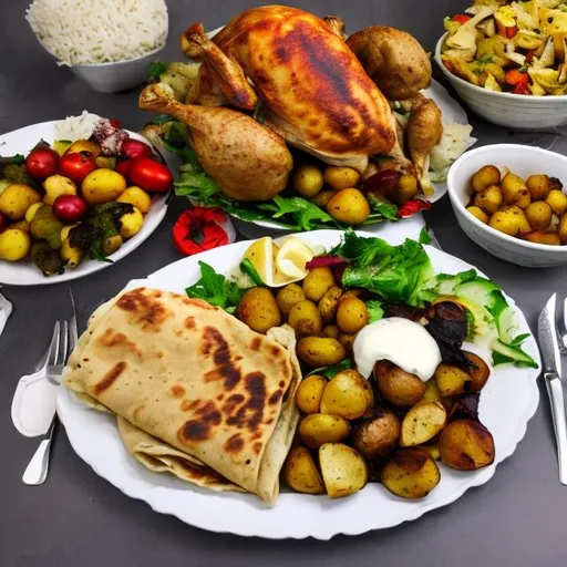 Prompt: Roasted Whole Chicken,potatoes, vegetables, plantain, chapati and fresh organic salad and Rice