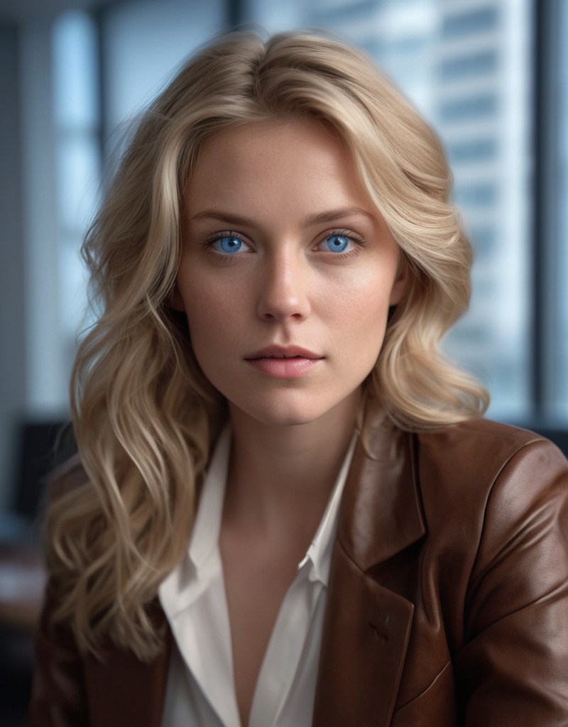 Prompt: photorealistic portrait of a woman with wavy blonde hair and striking blue eyes, wearing a stylish brown jacket over a crisp white shirt, gazing thoughtfully into the distance. Captured in an office setting, showcasing modern decor and ambient lighting, sharp focus on her expression, with ultra-detailed qualities reminiscent of Stanley Artgerm Lau's work.