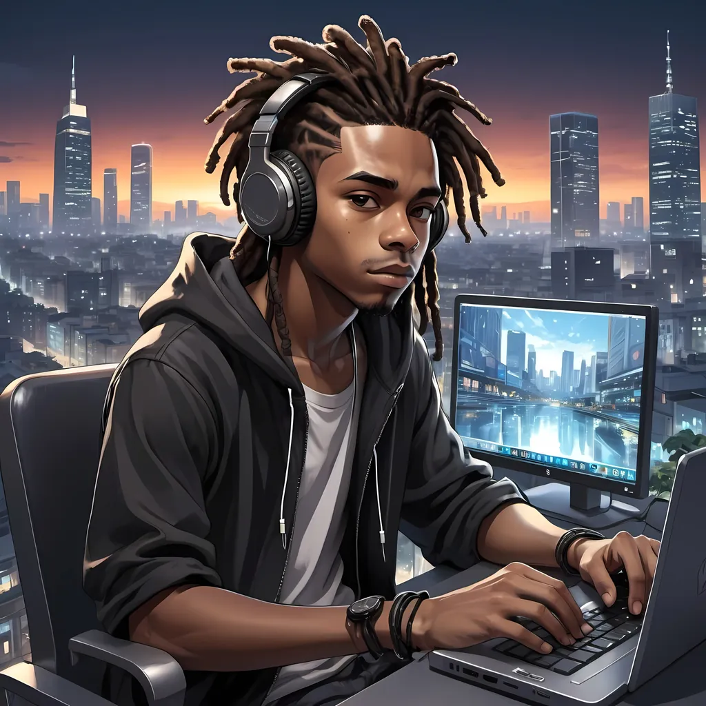 Prompt: Anime illustration of a black boy with dreadlocks, wearing headphones, sitting at a computer, urban cityscape in the background, detailed hair with cool reflections, intense and focused gaze, modern tech devices, best quality, highres, ultra-detailed, anime, cool tones, urban, detailed eyes, professional, atmospheric lighting