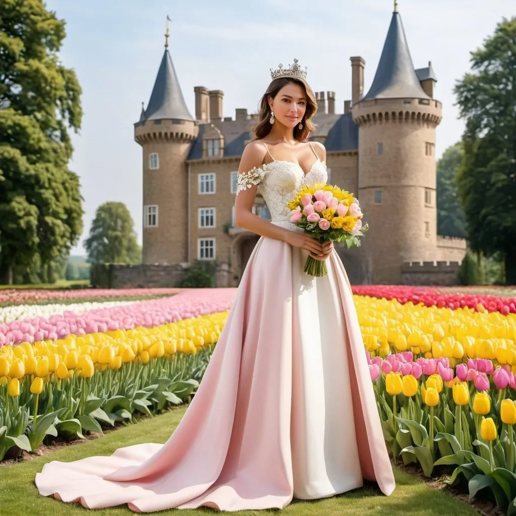 Prompt: A bouquet of flowers, mostly consisting of pink roses and tulips and yellow sunflowers and white daises, being held by a queen (((full body image))) with a long flowing pale pink dress, embedded with intricate flowers, standing in front of her castle