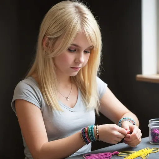 Prompt: A gorgeous girl with blonde hair and side bangs making bracelets


