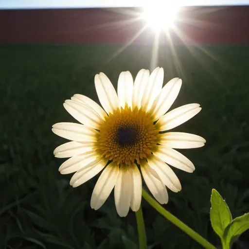 Prompt: a singular daisy with the sun shining down on it

