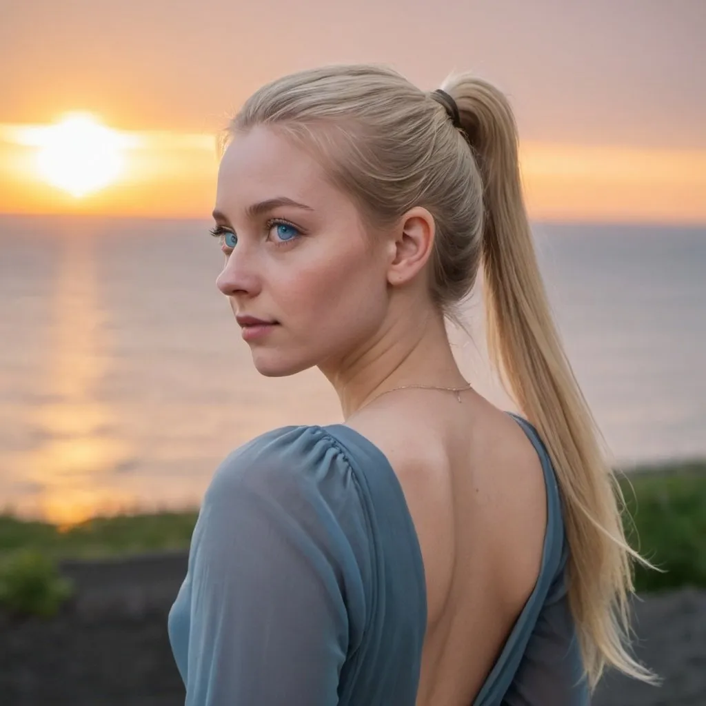 Prompt: A short young woman with blue eyes and blonde hair in a long ponytail wearing a gray dress looking over a sunset