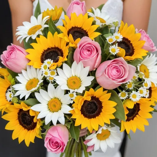 Prompt: A boquet of flowers, mostly pink roses and tulips and yellow sunflowers and white daises 