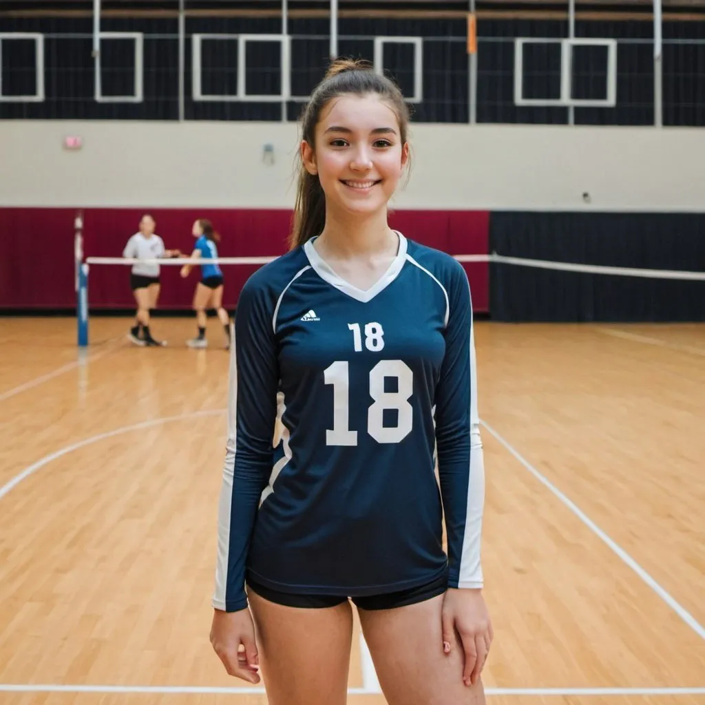 Prompt: a girl wearing a volleyball jersey with the number 18