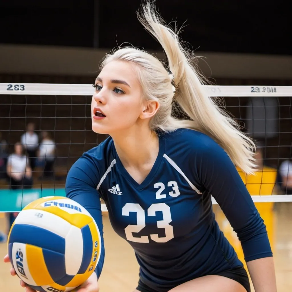 Prompt: A gorgeous girl with white-blonde hair spiking a volleyball with a number 23 on her jersey


