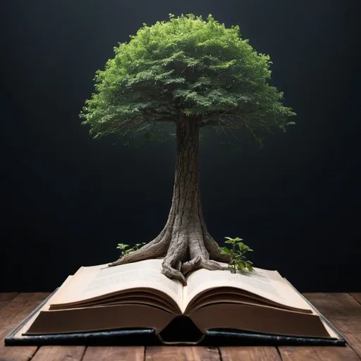 Prompt: A beautiful strong, tall tree growing out of a book
