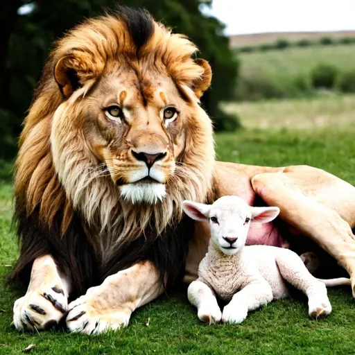 Prompt: The Lion laying with the Lamb