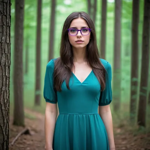 Prompt: A short young woman with long dark brown hair and PURPLE glasses with hazel eyes wearing a teal dress in the woods (full body image)