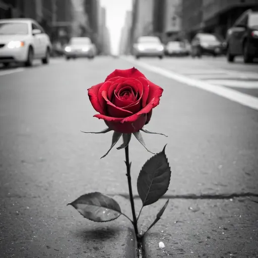 Prompt: A red rose left alone, laying down, in the middle of the street in new york (black and white background)
