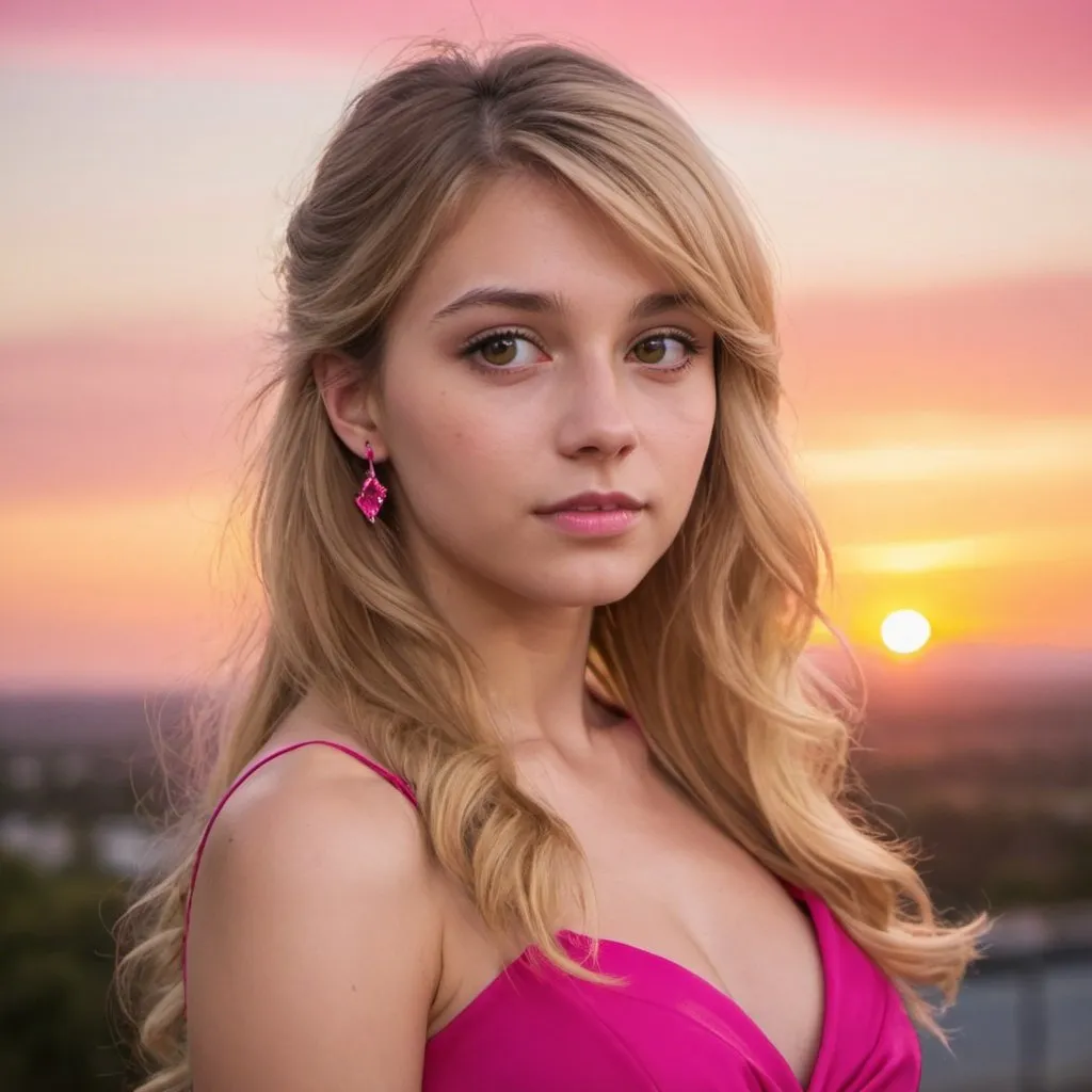 Prompt: A young woman with brown eyes and long blonde hair with side bangs in a claw-clip wearing a Hot pink dress looking over a sunset.